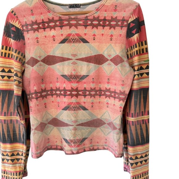 HEART MOON STAR RAMPAGE RETRO GALACTIC PATTERN LONG SLEEVE STRETCHY TOP MEDIUM - Picture 3 of 6